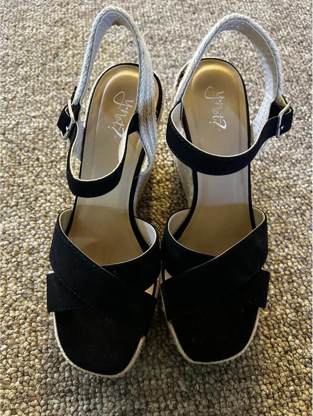 Y NOT Women's Black Suede Wedge Sandals with Ankle Strap - Picture 3 of 3